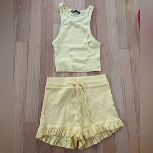 Zara Light Yellow Ribbed Ruffle Shorts Set